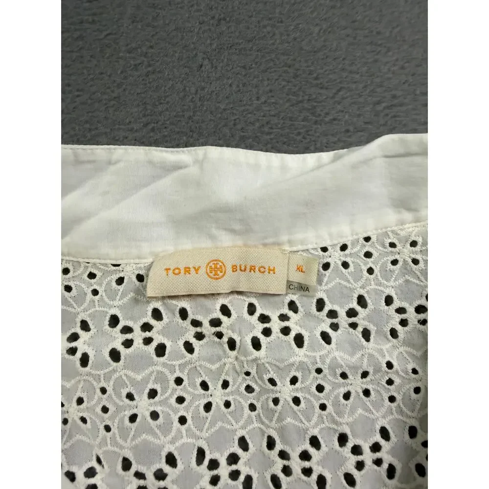 Tory Burch White Eyelet Lace Tunic Top Blouse V-Neck 3/4 Sleeve Women's Size XL
